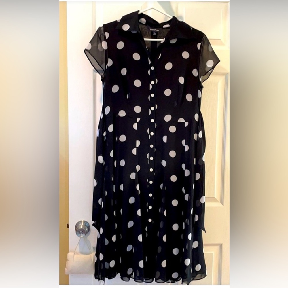 EVON PICONE Black Midi Dress Black W White Dots Button Down Sheer Short Sleeves